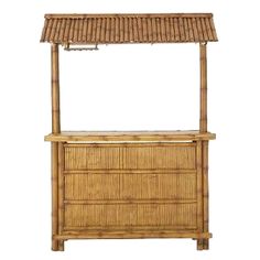 a bamboo shelf with drawers and a canopy over it's top that is made out of wicker