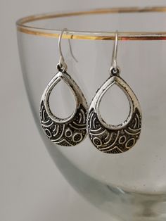 Antique silver style drop earrings. Silver plated, nickel free, hypoallergenic hooks. Boho earrings. Aztec silver earrings. Silver loop drop earrings. Silver Hoop Earrings With French Hook, Metal Drop Hoop Earrings With Ear Wire, Metal Teardrop Earrings With Lever Back, Nickel-free Metal Drop Hoop Earrings, Nickel-free Drop Metal Earrings, Silver Hypoallergenic Metal Hoop Earrings, Silver Teardrop Hoop Earrings Nickel Free, Silver Dangle Hoop Earrings With French Hook, Antique Silver Teardrop Metal Jewelry