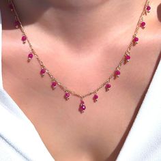 * Ruby station dangle dainty necklace * Materials : 14K gold filled / Genuine ruby (4mm,3mm faceted) Length : 15"(38.1cm)+ 2"(5cm) extender chain Closure : Lobster claw (easy to fasten and reliable lobster claw clasp) ★Ruby★ -Birthstone of July- Ruby encourages passion and a zest for life.  It improves motivation and setting of realistic goals.  Balances the heart and instills confidence. Aids in retaining wealth and passion. It overcomes exhaustion and lethargy and imparts potency and vigour.  Calms hyperactivity. Ruby detoxifies the body, blood and lymphatic system.  It treats fevers, infectious disease and restricted blood flow.   *The meaning of ruby* ❤︎Devotion ❤︎Passion ❤︎Enthusiasm ❤︎Generosity ❤︎Prosperity  *Are your gemstones and pearls real?* Yes, they are genuine stones and pear Realistic Goals, Wrapping Jewelry, Zest For Life, Ruby Birthstone, Cute Gift Boxes, Natural Gemstone Jewelry, July Birthstone, Jewelry Inspo, Gold Filled Jewelry