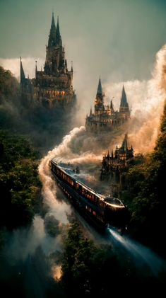 a train traveling past a castle surrounded by fog