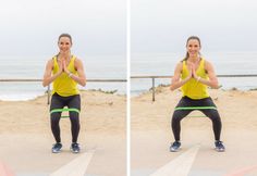 two pictures of a woman doing squats on the beach with her hands in the air