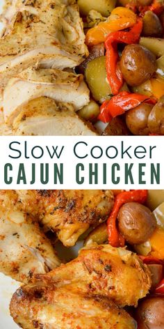 slow cooker cajun chicken with potatoes and peppers on the side, in a white plate