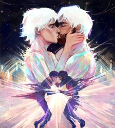 two anime characters are kissing in front of an image of fireworks and stars behind them