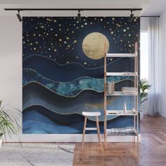 the night sky with stars and waves wall mural