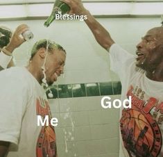 two men standing next to each other in a bathroom with water pouring from their mouths