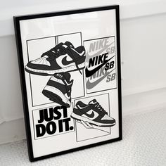 a black and white poster with nike shoes on it's side in front of a wall