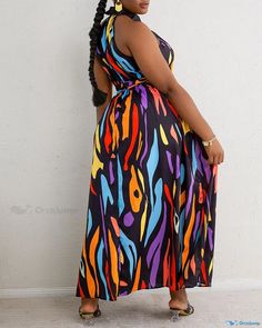 OrcaJump - Stylish Sleeveless Maxi Dress with Abstract Print - Perfect for Plus Size Women Sleeveless Multicolor Maxi Dress With Vibrant Print, Multicolor Printed Sleeveless V-neck Dress, Multicolor Printed V-neck Sleeveless Dress, Casual Multicolor Print Sleeveless Dress, Sleeveless Maxi Dress With Vibrant Print, Multicolor Printed Maxi Sleeveless Dress, Maxi Pattern, Abstract Decoration, Chic Type