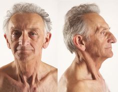 two pictures of an older man with wrinkles and no shirt on, one is looking at the camera