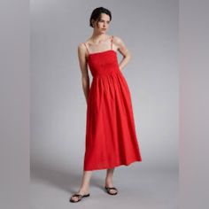 Stunning Red Color! & Other Stories Women's Red Smocked Bodice Maxi Dress. Brand New With Tag. Casual Smocked Dress With Ruched Bodice For Daywear, Red Midi Dress With Smocked Back For Summer, Red Smock Midi Dress, Red Smocked Bodice Dress For Summer, Red Smocked Dress For Spring Vacation, Red Smocked Dress For Vacation In Spring, Spring Vacation Red Smocked Dress, Red Sundress With Smocked Bodice, Red Midi Dress With Smocked Back