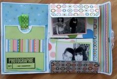 an open scrapbook with photos inside it