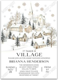 a winter village baby shower is shown with snowflakes on the trees and houses