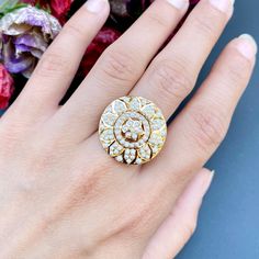 Made in 22ct hallmarked gold and studded with freshwater pearls, this jadau gold ring is perfect for any day or evening wear social gathering. Weight - 5.8 GMs Dimensions - 2.5 x 2.5 cm Price Breakup Summary Component Rupees % of Total 22k Gold 27,984 75.3% Stones & Beads 2,112 5.7% Making Charges 5,037 13.5% Taxes (GST) 1,054 3.0% Total 37,187 100.0% View Detailed Price Breakup Elegant Gold Cluster Ring With Stone Setting, Gold Cluster Ring With Stone Setting, Formal Yellow Gold Diamond Ring With Stone Setting, Wedding Ring In 22k Gold Hallmarked, 22k Gold Wedding Rings Fine Jewelry, 22k Gold Diamond Wedding Ring, 22k Gold Wedding Rings, Traditional Rose Cut Diamond Ring For Anniversary, Traditional Anniversary Diamond Ring With Rose Cut