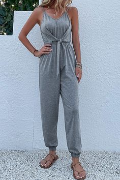 Casual Solid Patchwork Spaghetti Strap Harlan Jumpsuits Suspenders Fashion, Grey Suspenders, Grey Jumpsuit, Solid Color Jumpsuits, Traje Casual, Jumpsuit Summer, Casual Jumpsuit, Jumpsuit Fashion, Sleeveless Jumpsuits