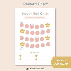 the reward chart for stay in bed card is shown with gold stars and pink polka dots