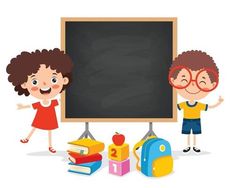 three children standing in front of a blackboard