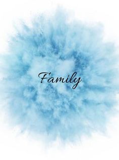 the word family written in black ink on a white background with blue powder swirling around it