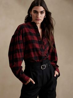 Piazza Flannel Shirt | Banana Republic Lauren Kay Sims, Flannel Blouse, Red And Black Flannel, Flowy Design, Red Flannel, Classic Sweater, Red And Black Plaid, Sweaters And Jeans, Tartan Plaid