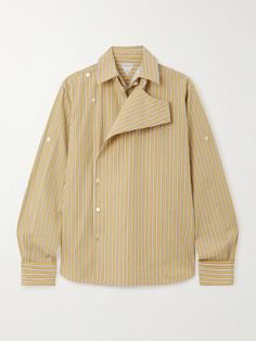 Bottega Veneta's Pre-Fall '24 collection elevates staples through unexpected details. This shirt is cut from striped cotton-poplin for a relaxed fit and designed with an off-center placket. Leave a few buttons undone to let the fabric drape. Fabric Drape, Shirt Detail, Cotton Poplin Shirt, Poplin Shirt, Pre Fall, Cotton Poplin, Striped Shirt, Bottega Veneta, Denim Dress