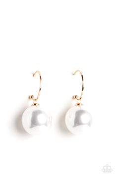 A small, skinny, gold hoop curves around the ear, where a gold ball is affixed to create the look of a barbell. A classic, oversized pearl slides along the hoop, showcasing an over exaggerated elegance. Earring attaches to a standard post fitting. Hoop measures approximately 3/4" in diameter.

 Sold as one pair of hoop earrings. White Pearl Earring, Gold Pearl Earrings, Pearl Hoop Earrings, The Ear, Paparazzi Accessories, Paparazzi Jewelry, Butterfly Earrings, Gold Pearl, Gold Hoop