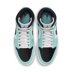 Dressed in a multiplicity of materials and textures, as well as contrasting grey-white, black and turquoise, this Air Jordan 1 Mid "Aqua Blue Tint" features an iconic Nike Swoosh on the medial and lateral sidewalls is in the dark black coloring. SKU: BQ6472-300 Release Date: Jul 15th, 2021 Color: Light Dew/Black-Teal Tint-White Jordan 1 Mid Women, Jordan 1 Colors, Wmns Air Jordan 1, Jordan Model, Jordan 11 Retro Low, Womens Air Jordans, Air Jordan 6, Jordan 11 Retro, Black Shoes Women