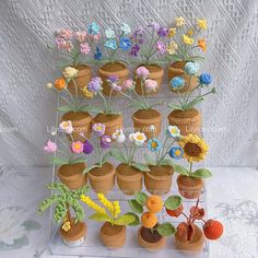 there are many crocheted flowers in the pots