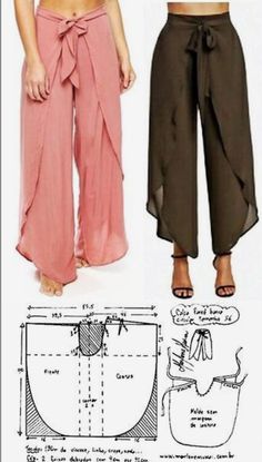 two women's pants with different patterns and sizes, one has a tie around the waist