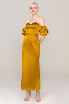 Sheath-Column Ankle Length Acetate Satin Dress CS0306 | Cocomelody Fitted Yellow Evening Dress For Bridesmaid, Fitted Yellow Bridesmaid Evening Dress, Fitted Yellow Satin Evening Dress, Gold Full-length Fitted Dress, Fitted Full Length Gold Dress, Fitted Full-length Gold Dress, Gold Fitted Full-length Dress, Gold Fitted Maxi Dress For Bridesmaids, Satin Short Sleeve