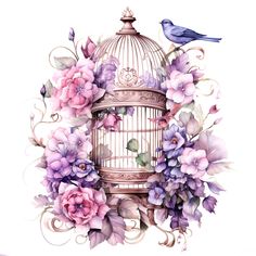 a bird is sitting on top of a cage with flowers and birds flying around it