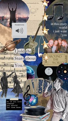 collage with various images and words about the theme of rock'n'roll