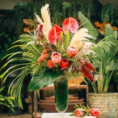 a vase filled with red flowers and greenery on top of a table next to potted plants