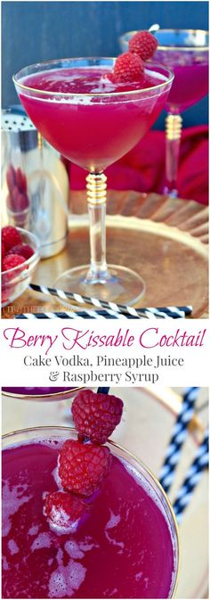 raspberry cocktail in a martini glass with the words berry kissable cocktail