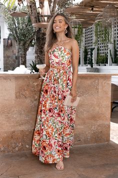 Orange Floral Print, Large Floral Print, Resort Dresses, Dress Orange, Strapless Tops, Dresses By Length, Long Sleeve Floral Dress, Guest Outfit, Dress Cuts