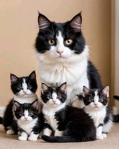 a group of black and white kittens sitting next to each other on the floor