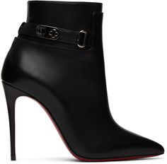 Ankle-high buffed calfskin boots in black. · Pointed toe · Logo hardware at ankle strap · Zip closure at inner side · Covered stiletto heel with rubber injection · Signature red leather sole · Heel: H4 in Supplier color: Black Louboutin Shoes Outfit, Black Ankle Boot Heels, Louboutin Shoes Women, Red Stiletto Heels, Gold Stiletto Heels, Christian Louboutin Boots, High Heeled Boots, Black High Heel Boots, So Kate