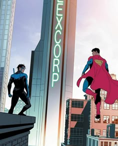 two superheros standing on top of a tall building