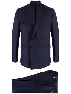 navy blue virgin wool notched lapels double-breasted button fastening chest welt pocket two front flap pockets straight hem concealed front fastening two side inset pockets two rear jetted pockets pressed crease belt loops slim cut straight hem Suit Blue, Tuxedo Suit, Wool Suit, Double Breasted Suit, Blue Suit, Flap Pocket, Welt Pocket, Mens Suits, Double Breasted