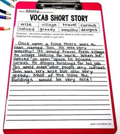 a clipboard with writing on it next to some pencils and paper that says vocab short story