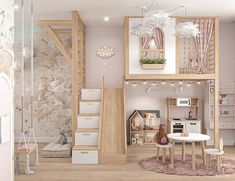 the interior of a child's room with pink walls and flooring, including stairs