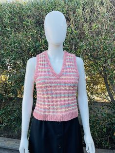 "Hand made Crocheted Pink V-neck  Vest This adorable piece looks great over a shirt or Alone. Striped with pastel colors the vest measures 19\" long with 12\" between shoulder seams and 32\" in the chest" Spring Casual V-neck Vest, Fitted V-neck Vest For Spring, Casual Multicolor V-neck Vest, Fitted Pink Sweater Vest For Summer, Multicolor V-neck Tank Top Vest, Fitted Pink Casual Sweater Vest, Fitted Pink Sweater Vest, Casual Style, Pink Fitted Casual Sweater Vest, Casual Fitted Pink Sweater Vest