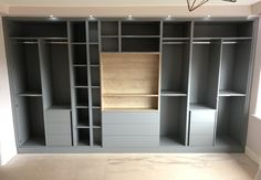 an empty room with shelves and cabinets in it