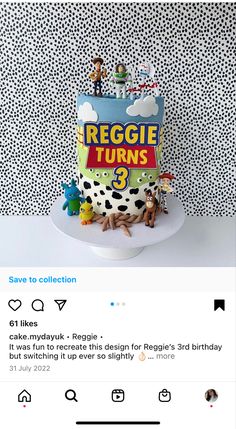 a birthday cake with the name reggie turns 3 on it