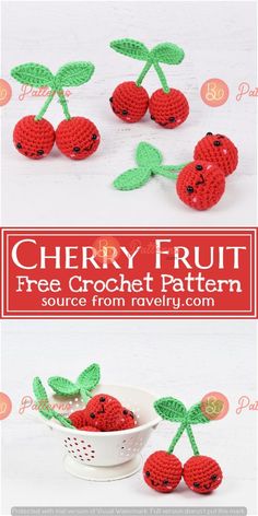 crocheted cherries with green leaves and red berries are shown in three different views