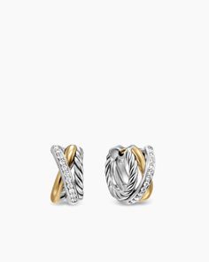 David Yurman | Crossover Three Row Huggie Hoop Earrings in Sterling Silver with 18K Yellow Gold, 13mm Amulet Charm, Mixed Metal Jewelry, Bead Bangles, Charm Rings, Jewelry For Her, Huggie Hoop Earrings, Luxe Gifts, Chains For Men, David Yurman