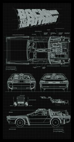 the back to the future car blueprint is shown in black and white, as well as