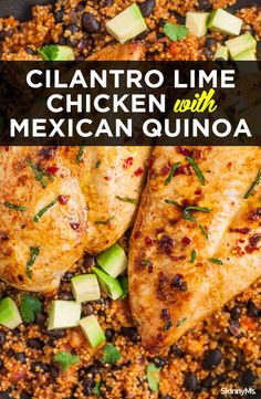 chicken with mexican quinoa in a skillet with text overlay that reads cilantro lime chicken with mexican quinoa