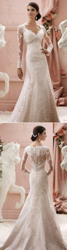 two pictures of a woman in a wedding dress with long sleeves and an open back