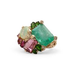 - White Diamond 0.05ct- Colombian Emerald 10ct - Pink Tourmaline 3.38ct - Opal 2ct- Chrome Diopside 1.12ct- Rhodolite Garnet 0.30ct Length (in): 0.90Width (in): 0.97Height (in): 0.34Weight (g)*: 12.06 Colombian Emeralds, Luxury Rings, Rhodolite Garnet, Bracelet Collection, Pink Tourmaline, White Diamond, Ring Designs, Ring Earrings, Tourmaline