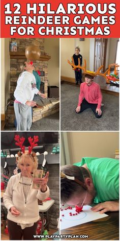 some kids are playing with christmas decorations and making reindeer hats for their family to decorate