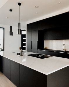 Dark kitchen cabinets white countertop glass upper cabinet-Kitchen decor inspiration vintage Hiasan Dalaman Dapur, Dapur Moden, Model Dapur, Matte Black Kitchen, Desain Pantry, Contemporary Kitchen Design, Modern Kitchen Cabinets, Luxury Kitchen Design, Kitchen Room Design