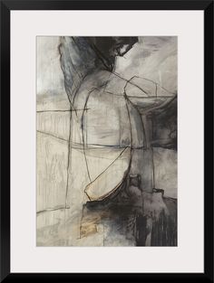 an abstract painting with black and white lines